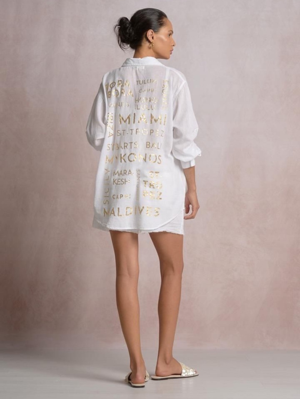 White Oversized Button Shirt with Gold Lettering